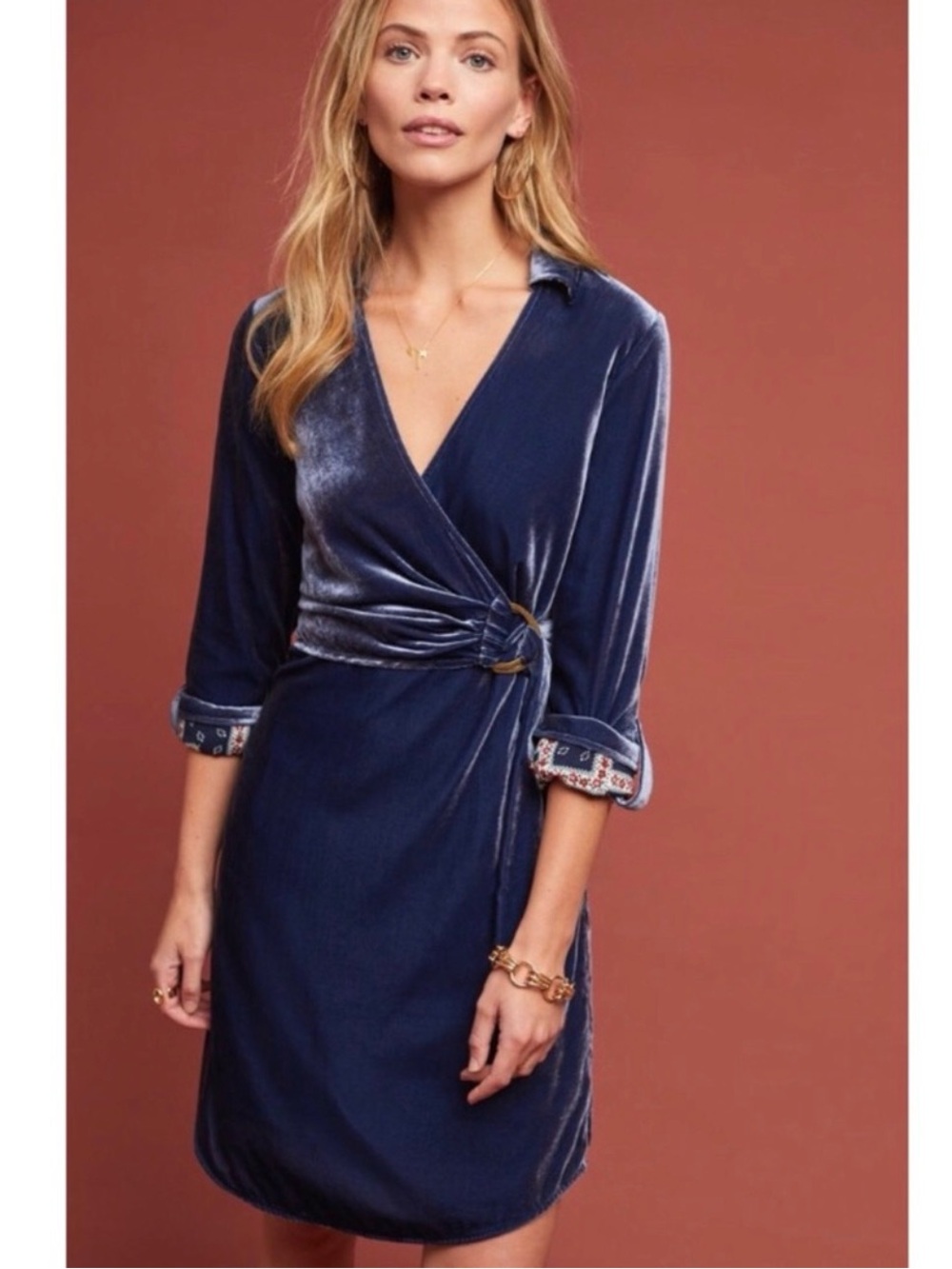 ANTHROPOLOGIE Maeve Blue Velvet Shirtdress